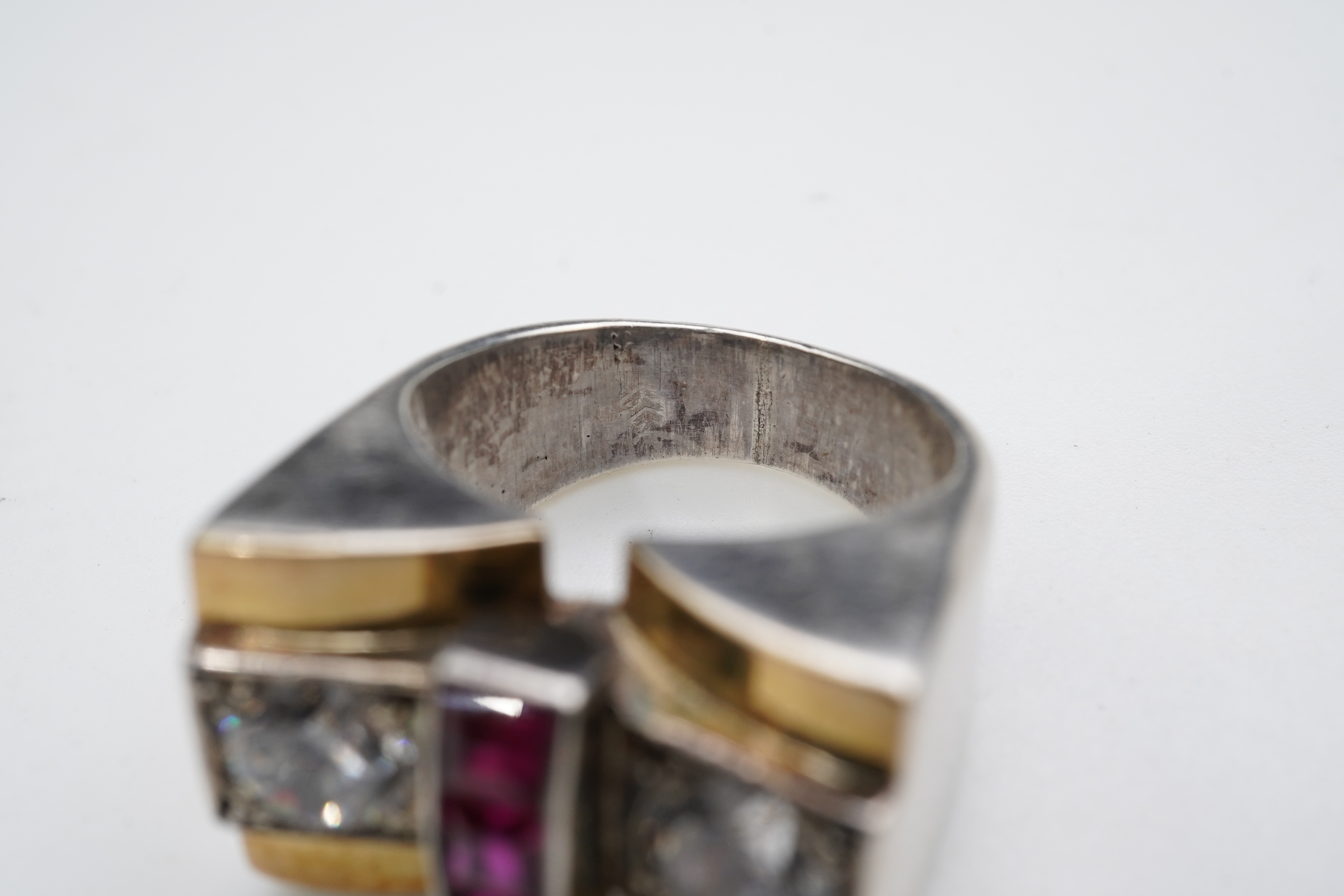 Two Retro synthetic stone and paste cocktail rings, 1940s